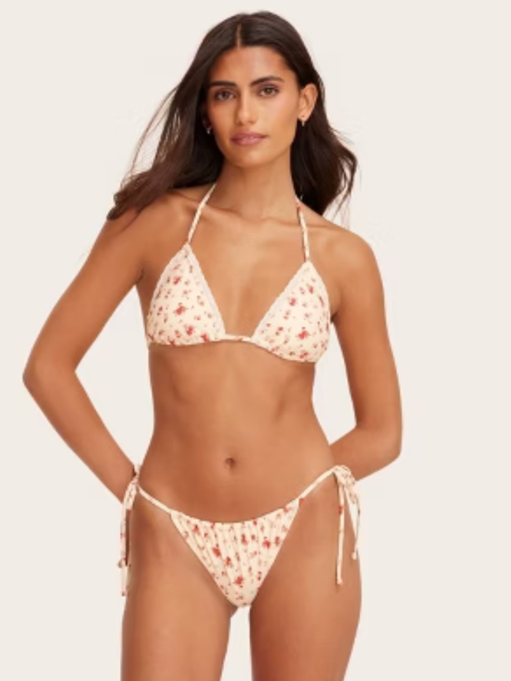 Cream Floral Tie-Side Triangle Bikini Set
